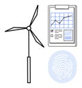 Renewable Energy with Wind Turbine, Data Analysis Report, and Biometric Security Concept Royalty Free Stock Photo