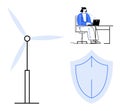 Renewable Energy, Digital Work, and Cybersecurity Concepts with Wind Turbine, Worker, and Shield Royalty Free Stock Photo
