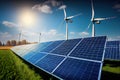 Renewable Energy Farm with Solar Panels and Wind Turbines - Generative AI Royalty Free Stock Photo