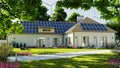 Renewable energy house concept with solar roof and wind turbine, 3d render Royalty Free Stock Photo