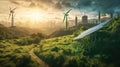 Renewable Energy Landscape with Wind Turbines and Solar Panels. Landscape with solar panels and wind turbines against Royalty Free Stock Photo