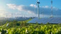 Renewable Energy Landscape with Wind Turbines and Solar Panels. Landscape with solar panels and wind turbines against Royalty Free Stock Photo