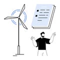 Renewable energy planning with wind turbine, documents, and professional guidance Royalty Free Stock Photo