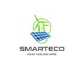 Renewable energy resources logo design. Solar panel, wind turbine and light bulb vector design