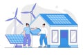 Renewable energy and smart technology concept. Windmills and house with solar panel on rooftop. Environmental and earth day vector Royalty Free Stock Photo