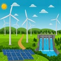 Renewable Energy Sources: Solar Panels, Wind Turbines and Hydropower Dam Royalty Free Stock Photo