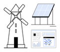 Renewable energy sources thumbs up windmill and solar panel alongside digital analytics dashboard Royalty Free Stock Photo