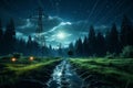 Renewable energy transmission lines 3d visualization of electricity under starlit night sky Royalty Free Stock Photo