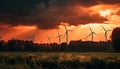 Renewable energy turning blades, powering rural agriculture industry at dawn generated by AI