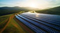 Renewable energy using solar energy with solar cells sunset in background the mountains