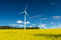 Renewable energy, wind energy with windmills. Wind turbines farm generating electricity on rapeseed fields - aerial view Royalty Free Stock Photo