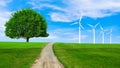 Renewable energy with wind turbines in green hill. Ecology environmental background for presentations and websites. Beautiful summ Royalty Free Stock Photo