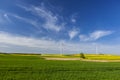 Wind turbines in the rapeseed field Royalty Free Stock Photo