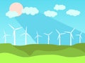 Renewable energy. Windmills and green fields landscape. Summer sunny weather. Wind generators green energy. Vector