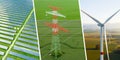 Renewable green energy collage with solar panel, windmill and pylon.