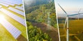 Renewable green energy collage with solar panel, windmill and pylon.