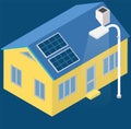 Renewable sustainable building with photovoltaic solar panels roof power energy. Eco friendly house Royalty Free Stock Photo