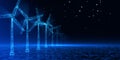 Renewable technology and green energy electricity concept with row of digital windmills on abstract empty field with dark