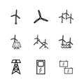 Renewable wind energy. Icon set and charger.Windmill black color