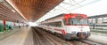 RENFE locomotive carriage stopped at the Abando Idalecio Prieto railway station. Royalty Free Stock Photo