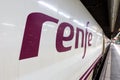 RENFE Logo on a train at Barcelona Sants railway station in Spain