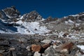 Renjo pass: mountain peaks and stream in Himalayas