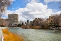 Reno, Nevada skyline as seen from the shoreline of Truckee river flowing through downtown Royalty Free Stock Photo