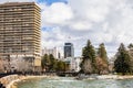 Reno, Nevada skyline as seen from the shoreline of Truckee river flowing through downtown Royalty Free Stock Photo