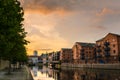 Renovated Building along a River at Sunset Royalty Free Stock Photo