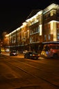 The renovated building of the DniprÃÂ¾ Railway with LED lighting located in the city center, along Dmitry Yavornitsky Avenue.