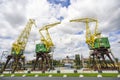 Renovated cranes on the boulevards in Szczecin on a sunny summer