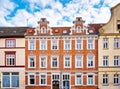 Renovated old house with ornate dormer windows and a beautiful facade in the old town of Wismar. Germany Royalty Free Stock Photo