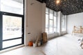 renovated room with shopping window - empty store shop with wooden floor and white walls