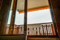 Renovated sliding door to the balcony. Comfort and ergonomic glass system. Laminated profile. Royalty Free Stock Photo