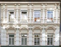 Renovated vintage house main facade with decorated windows pattern, Gera city in Thuringen, Germany