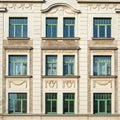 Renovated vintage house main faÃÂ§ade with decorated windows pattern