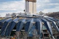 Construction workers repairing a roof of the Druzhba Multipurpose Arena in Moscow.
