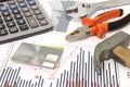 Renovation graphics and hammer and credit card Royalty Free Stock Photo