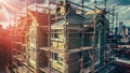 Renovation and Plastering Work on Residential Building Using High-Altitude Scaffolding. Concept Royalty Free Stock Photo