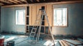 Renovation in Progress Ladder, Exposed Beams, and Natural Light in Room Under Construction. Royalty Free Stock Photo