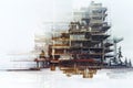 Renovation Underway: A Large Building With Scaffolding, Architectural developments depicted through double exposure of building Royalty Free Stock Photo