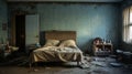 Renovation-worthy Bedroom Muddy Walls, Blue Accents, And Crumpled Vignettes Royalty Free Stock Photo