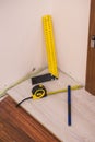 Renovations tools, tape measure, industrial ruler