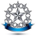 Renown vector silver star emblem with wavy ribbon, 3d sophisticated pentagonal design element, clear EPS 8.