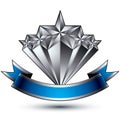 Renown vector silver star emblem with wavy ribbon, 3d sophisticated pentagonal design element, clear EPS 8.