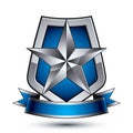 Renown vector silver star emblem with wavy ribbon placed on a pr