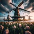 Renowned cluster of windmills located in Kinderdijk, Netherlands.