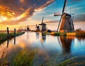 Renowned cluster of windmills located in Kinderdijk, Netherlands.