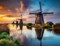 Renowned cluster of windmills located in Kinderdijk, Netherlands.