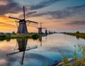 Renowned cluster of windmills located in Kinderdijk, Netherlands.